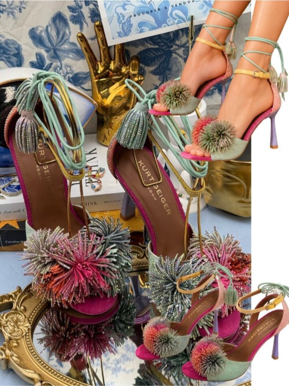 🆕 KURT GEIGER LONDON 🧿 NWOB Pink Green Pom Pom Tie Ankle Heel, Sz 37 US 7